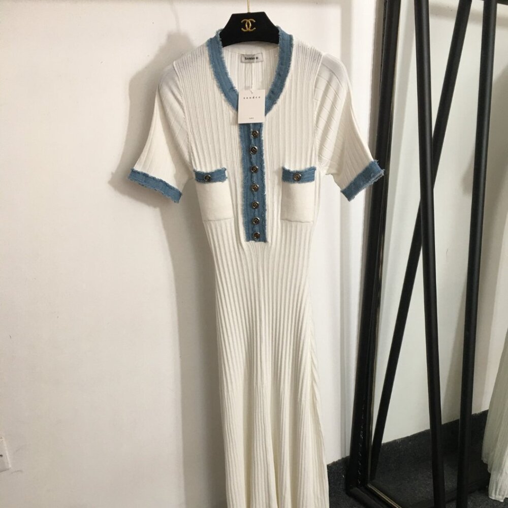 Sandro new fringed denim patchwork knit dress